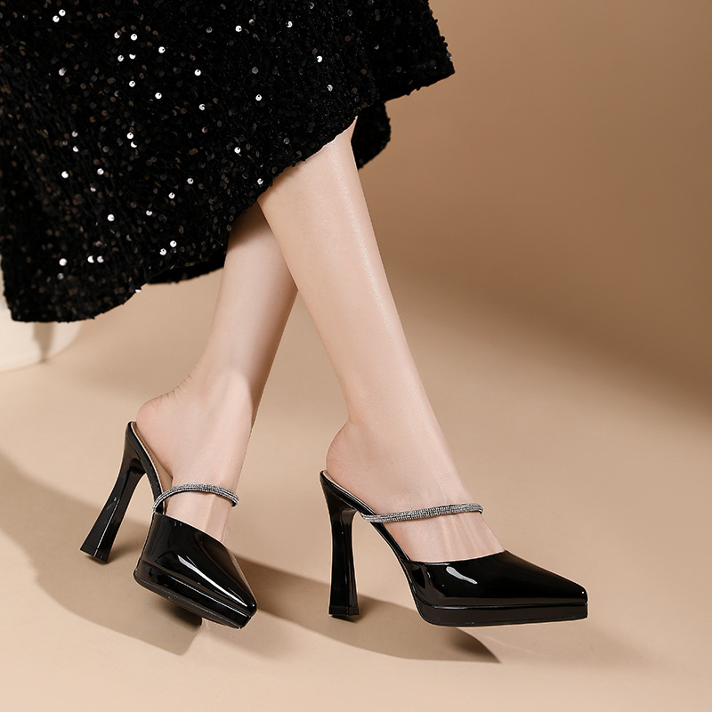 Sandal cao gót nữ mũi nhọn đế platform gót 10 cm quai ngang đính đá — Màu da-10cm