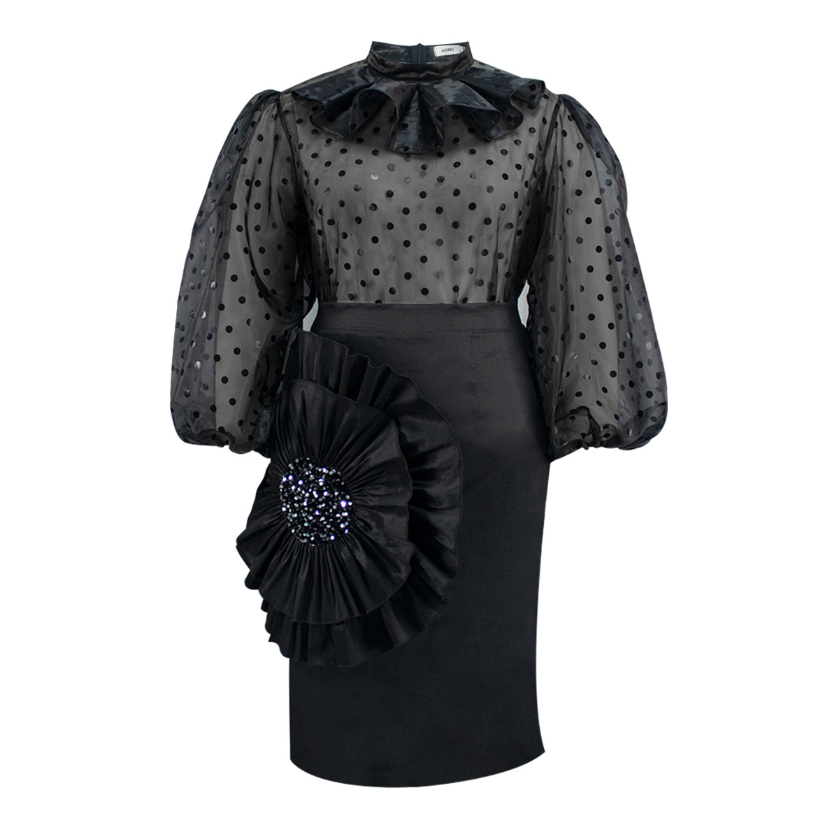 Ropa de mujer Conjunto de dos piezas de blusa de malla con lunares transparentes y falda floral tridimensional Conjunto de dos piezas_voghion.com