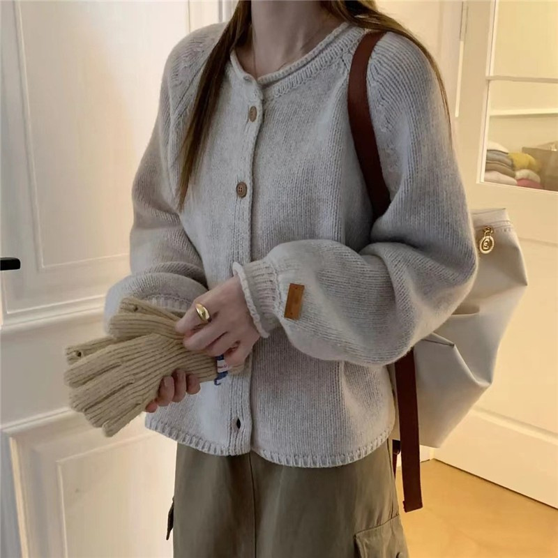 Autumn and Winter Foreign Style Sweater Cardigan Women's Loose All-match Round Neck Sweater Jacket Elegant Top Solid Color Thickened