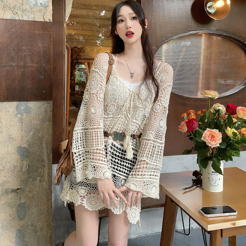 Bohemian Resort Style Cut Out Lace Blouse for Women Mid-Length Summer Crocheted Knitted Suspender Outer Sun Protection Shirt