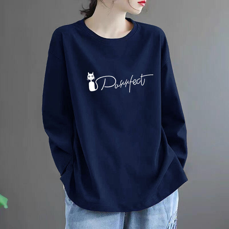100%纯棉长袖t恤女2025春秋新款百搭宽松显瘦遮肚圆领打底衫上衣