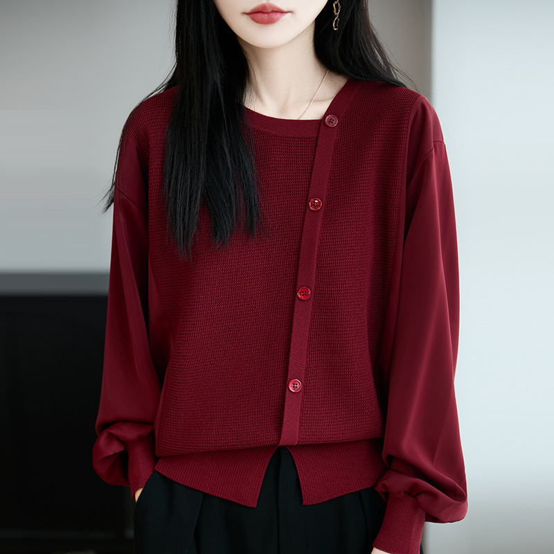秋装假两件套拼接针织宽松遮肚套头上衣减龄洋气时尚百搭女装小衫|undefined