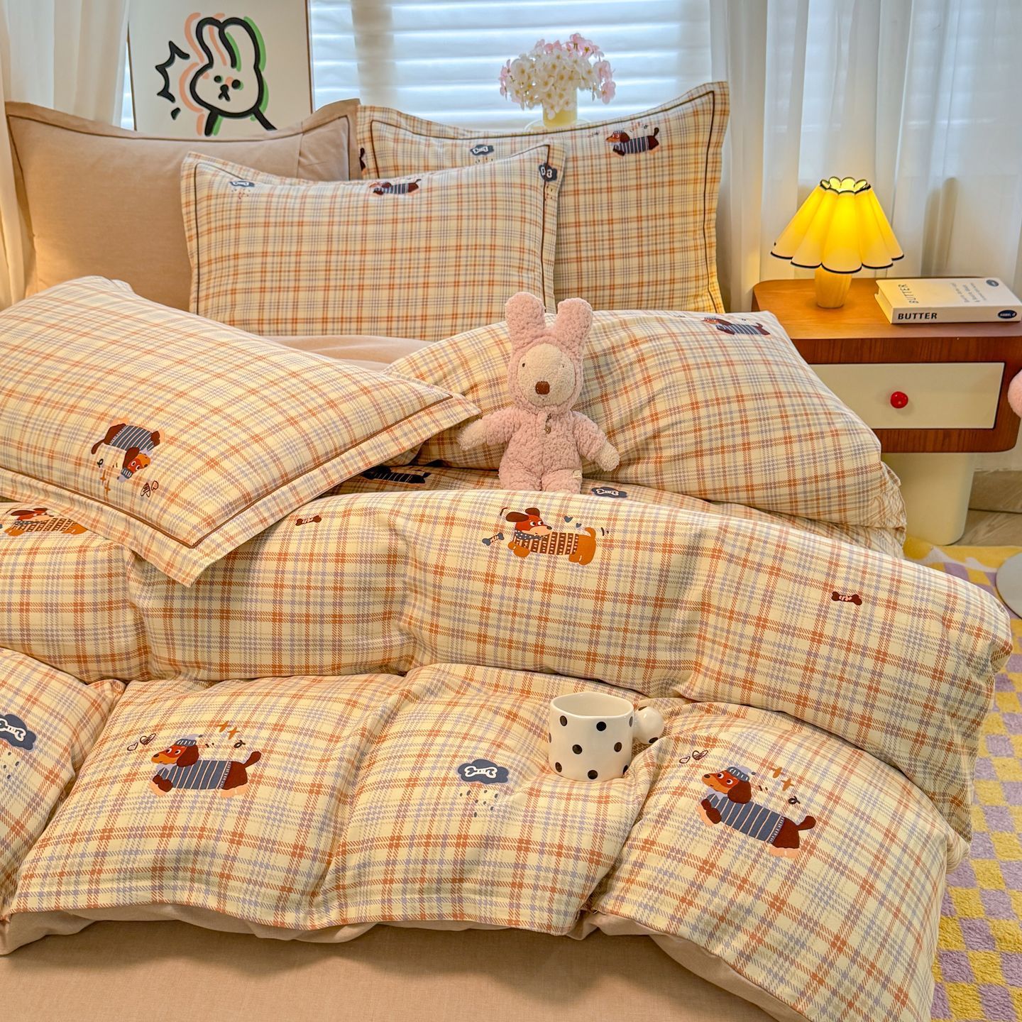 Cama de algodón grueso abrasivo con sábanas de algodón de tres piezas, cama de cuatro piezas, dormitorio de estudiantes, sensación de alto nivel