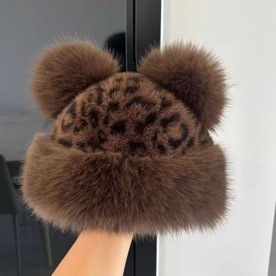 Sombrero de leopardo de Mongolia de peluche osos orejas sombrero de mujer otoño invierno imitación de piel sombrero de pescador bufandas variantes bufandas image 7