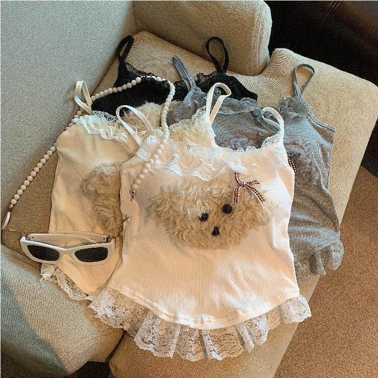 Cross-Border Popular Sweet Age-Reducing Camisole Spring and Summer Plush Puppy Lace Short Bottoming Top for Women Cross-Border Popular Sweet Age-Reducing Camisole Spring and Summer Plush Puppy Lace Short Bottoming Top for Women