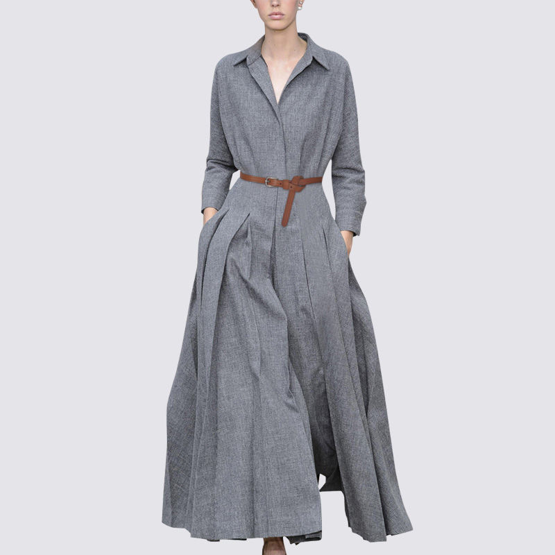 Extra-Long Shirt Dress for Women, European and American Style, Spring and Autumn, 2-Day Delivery, Long Pleated Flared Skirt, Fashionable, Trendy, Waist-Cinching, Ankle-Length Dress