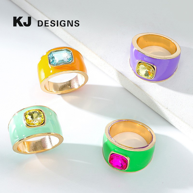 Kenjie Ss2024 Summer Enamel Oil Drop Diamond Seal Ring Women's European and American Cross-Border Happy Color Ring