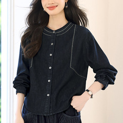高级感圆领牛仔衬衫外套女秋2025新款宽松休闲超好看薄款夹克上衣