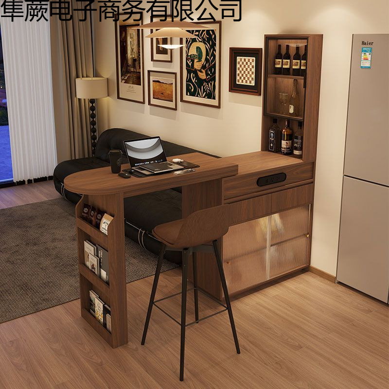 New Solid Wood Retro Style Bar Retractable Bar Table Partition Side Cabinet Home Living Room Small Bar Cabinet Dining Table Integrated