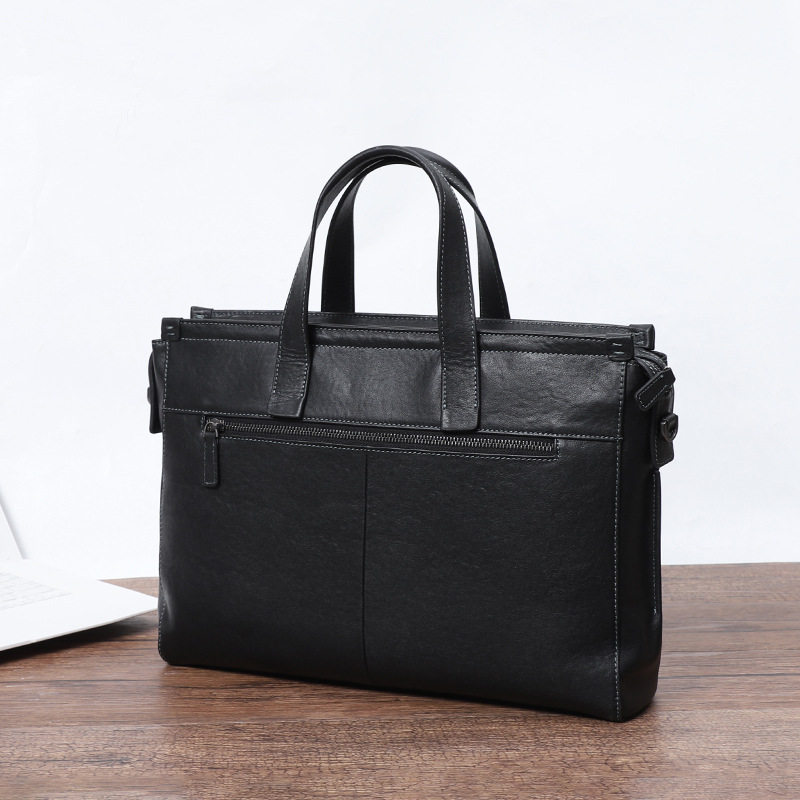 Túi xách tay nam da bò thật công sở đựng tài liệu laptop dung tích lớn 38×11×26 cm — Màu đen da thực vật