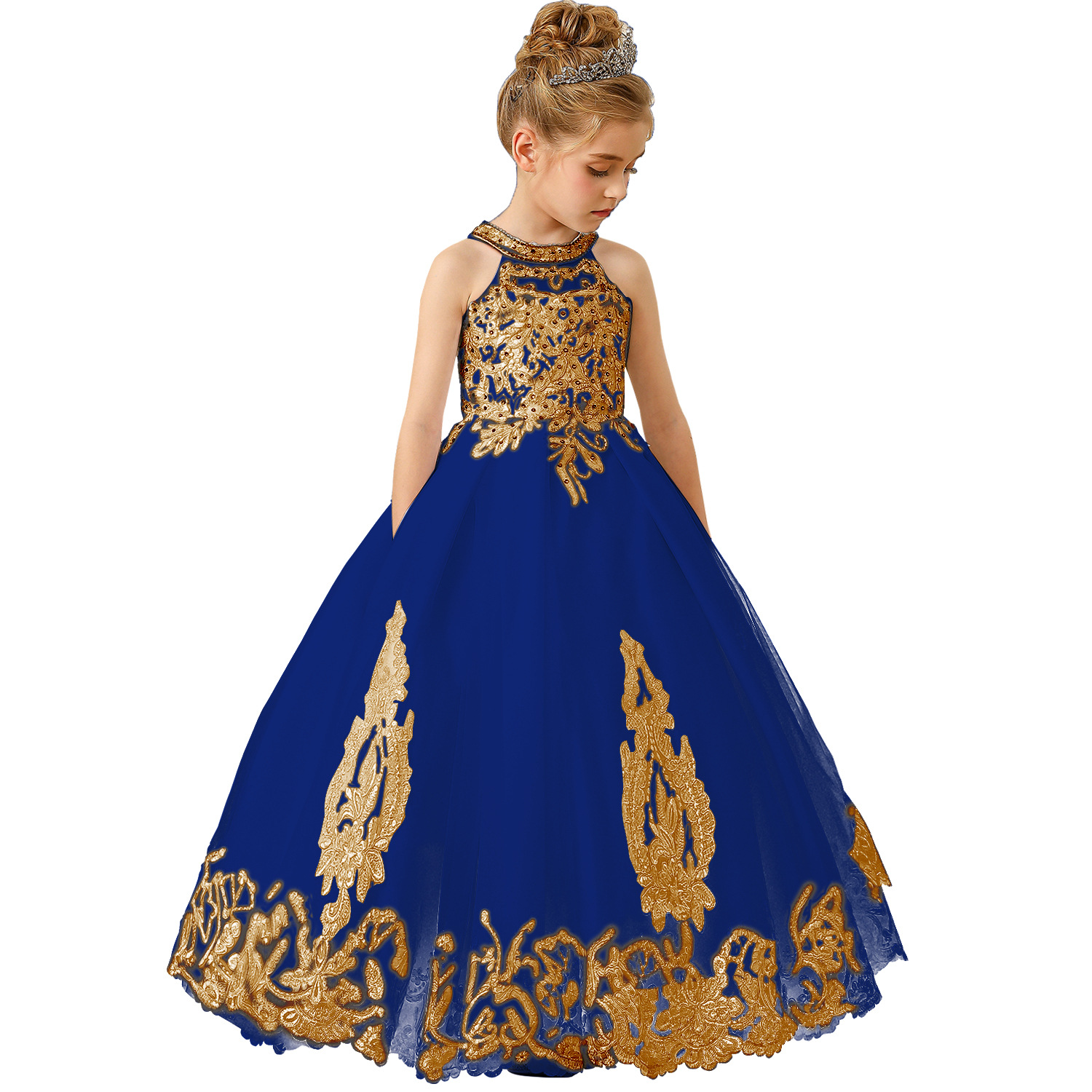 Robe de communion pour fille, sans manches, dos nu, en dentelle, style princesse, avec nœud brodé et longue traîne._voghion.com
