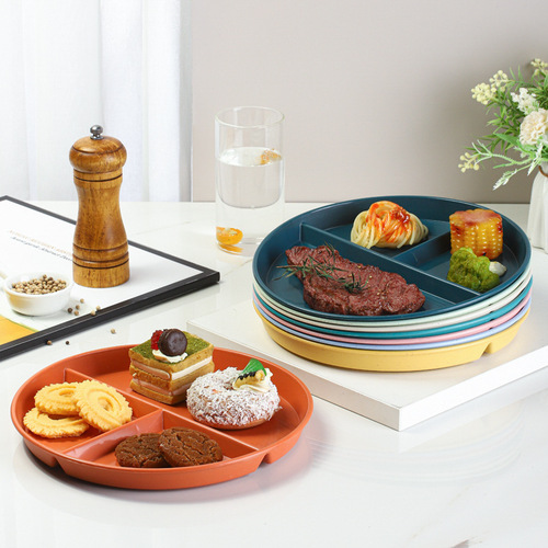 23cm wheat straw student meal plate divided breakfast plate separated breakfast ration plate three-compartment household adult and children's dish plate