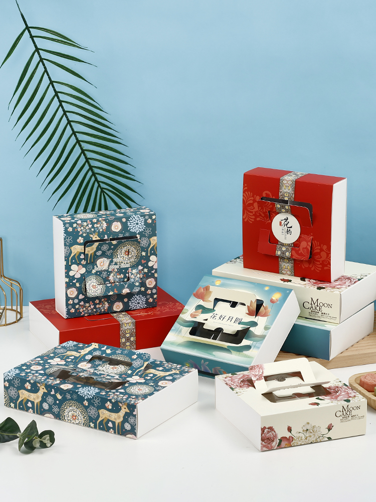 Caja de pastel de luna de mediodía de otoño, caja de embalaje portátil de yemas de huevo, caja de regalo de 4 / 6 cápsulas, belleza de nieve, flores de nieve, 80g.