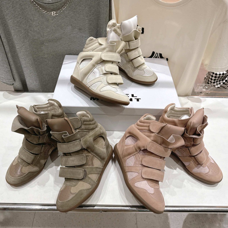 French-Style Retro Dad Shoes with Round Toe, Deerskin Color-Blocking, Flat 8cm Internal Height Increase, High-Top Velcro Casual Sneakers