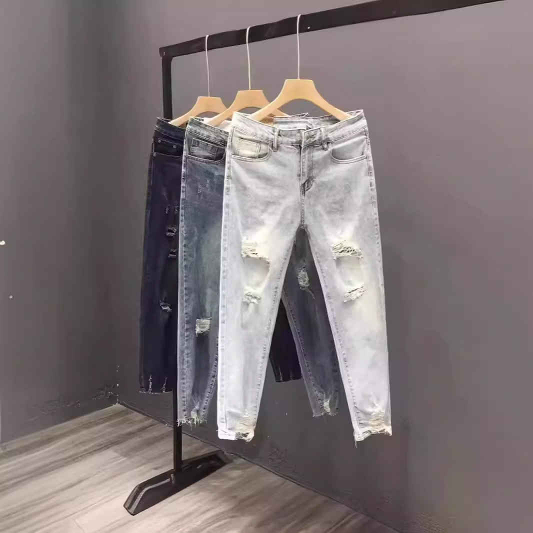 Jeans versatili estivi da uomo, taglio sottile, colore giallo fango, buco strappato, pantaloni a gamba dritta aderenti, alla moda da strada_voghion.com