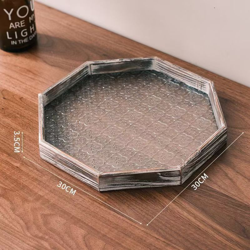 Luz de lujo retro bandeja octagonal sala de estar mesa de vidrio platos de taza de madera para el hogar bandeja de té