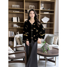 新国风大码女装新中式复古V领长袖丝绒刺绣蝴蝶春秋外套和吊带裙