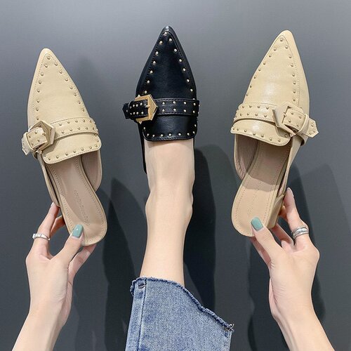2024 summer new style European and American style rivet belt buckle pointed toe toe half drag thick heel sandals medium heel women's slippers