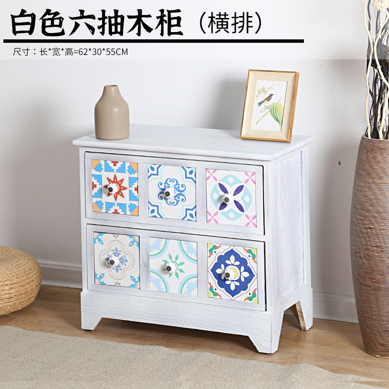 Mesita de noche americana, armario de almacenamiento creativo pastoral retro, armario de almacenamiento de madera, armario de almacenamiento de estilo étnico pintado