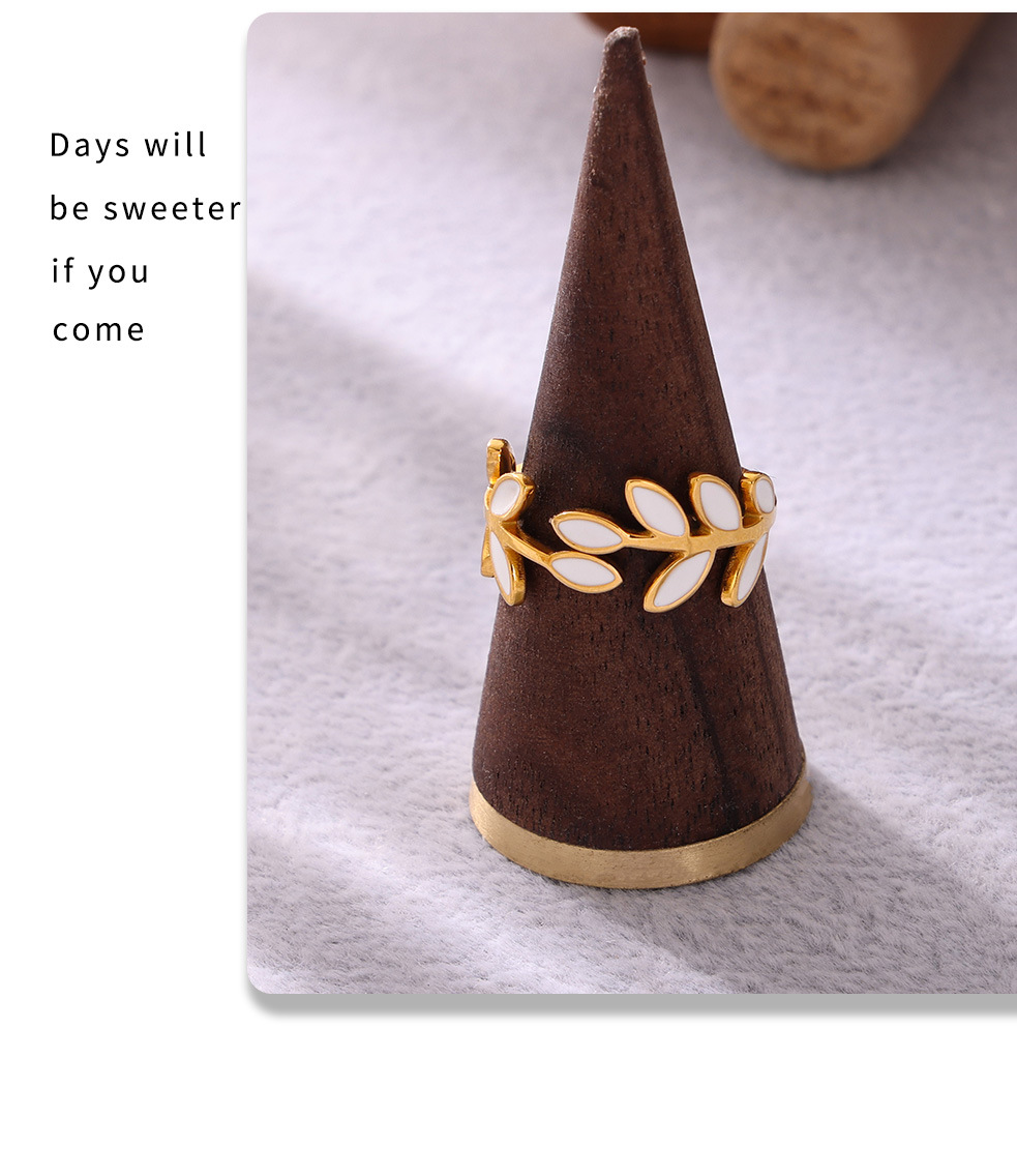 Bague carrée personnalisée en acier inoxydable PVD, motif goutte d'huile et feuille, finition sous vide, anneau ouvert._voghion.com