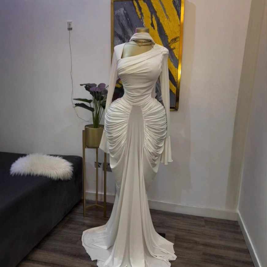 In-Stock 2025 Cross-Border European and American Women's Fashion Autumn New Style Asymmetrical Neckline Ruched Elegant Fashion Evening Long Dress