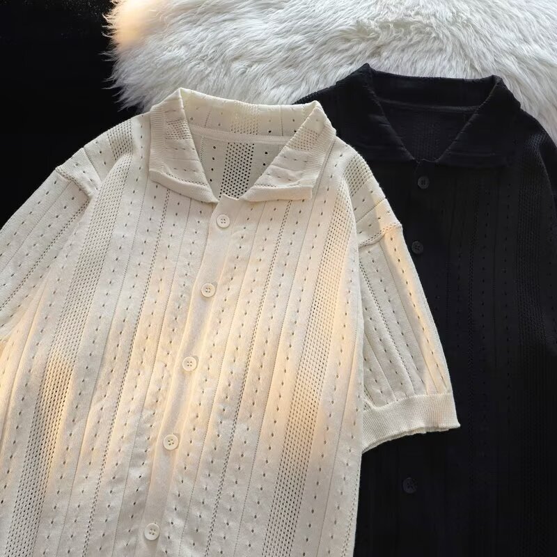 American Style Retro Hollow Lapel Short-sleeved Sweater Men's Fashionable Loose Lazy Lace Shirt Cardigan Top Trendy