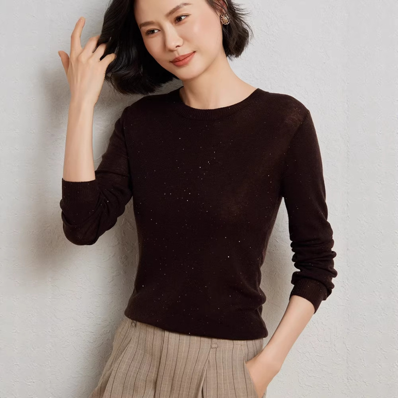 Versatile Sequined Round-Neck Knit Sweater 16g Fine Knit with Subtle Sparkle, Slim Fit Top for Women in Spring and Autumn Versatile Sequined Round-Neck Knit Sweater 16g Fine Knit with Subtle Sparkle, Slim Fit Top for Women in Spring and Autumn