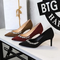 1926-A1 pointed suede high-heeled shoes with rhinestones, shallow mouth, slim fitting shoes, women's banquet elegant women's shoes