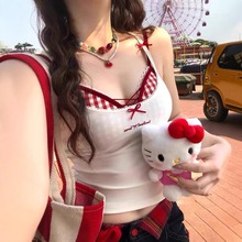 假两件设计感格子性感辣妹修身吊带背心纯欲风蝴蝶结无袖上衣女夏