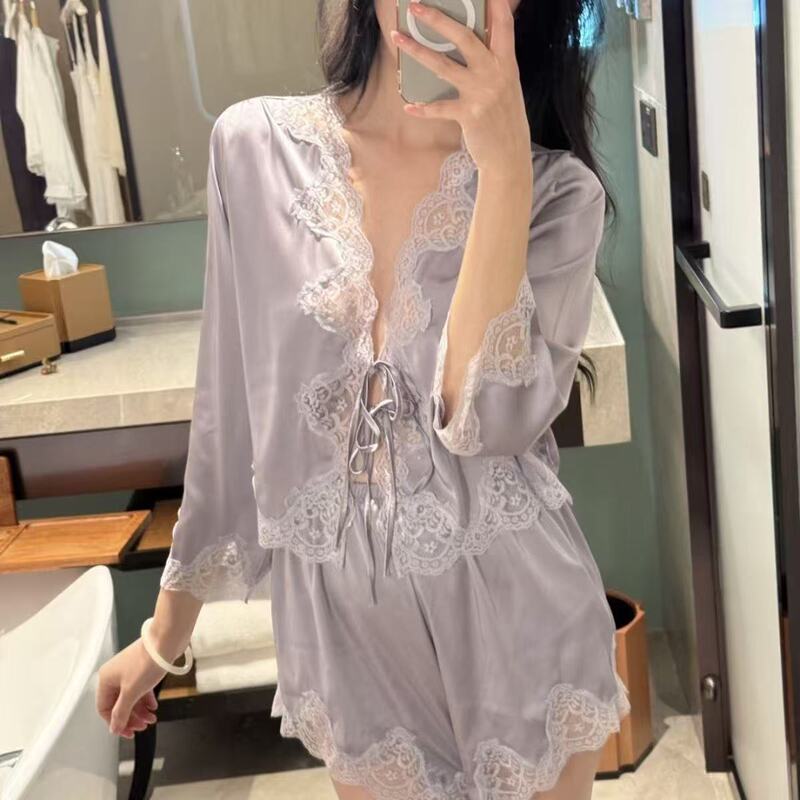 Extra Large Size 150kg French-Style Sexy Pajamas, Summer Lace Trim, Pure Desire Style, Long-Sleeved Shorts Two-Piece Set