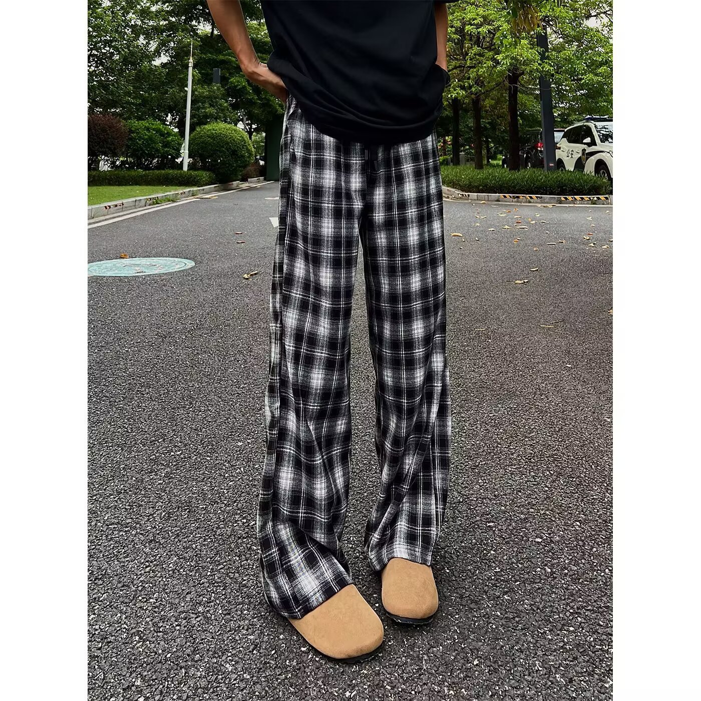 裤子男阔腿裤2025秋冬直筒高腰显瘦格子阔腿裤垂坠感长裤休闲直筒