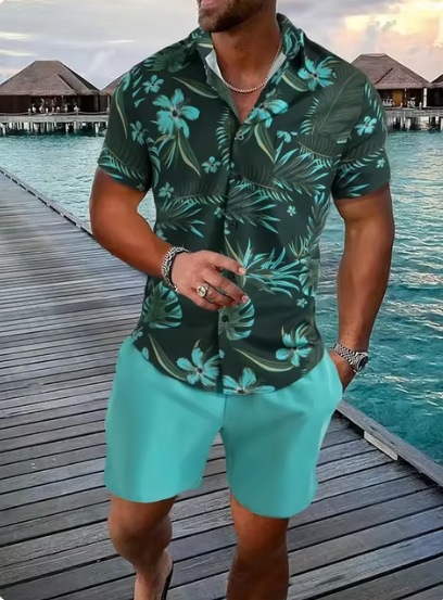 2024 europeo y americano transfronterizo verano AliExpress camisa de hombre casual suelto pantalones cortos de manga corta traje de playa impresión 3D