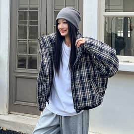 立领格子连帽短款棉服女装2025冬季小个子加厚面包服韩系棉衣外套