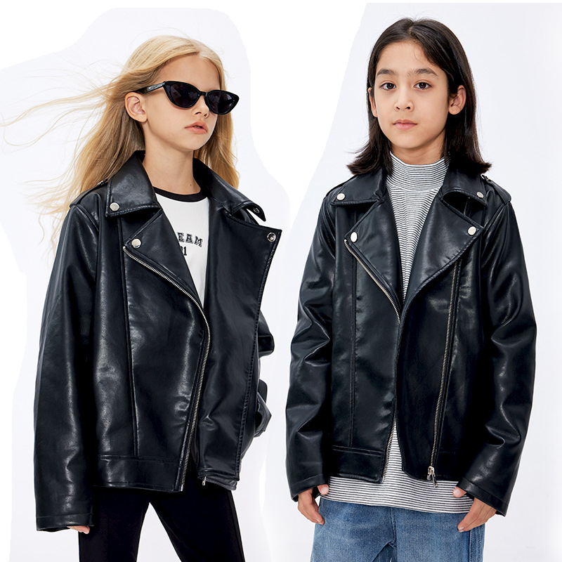 DK children's clothing 23 autumn and winter clothing for girls and boys, warm motorcycle jacket for middle-aged children, handsome leather jacket for children, cotton jacket trend