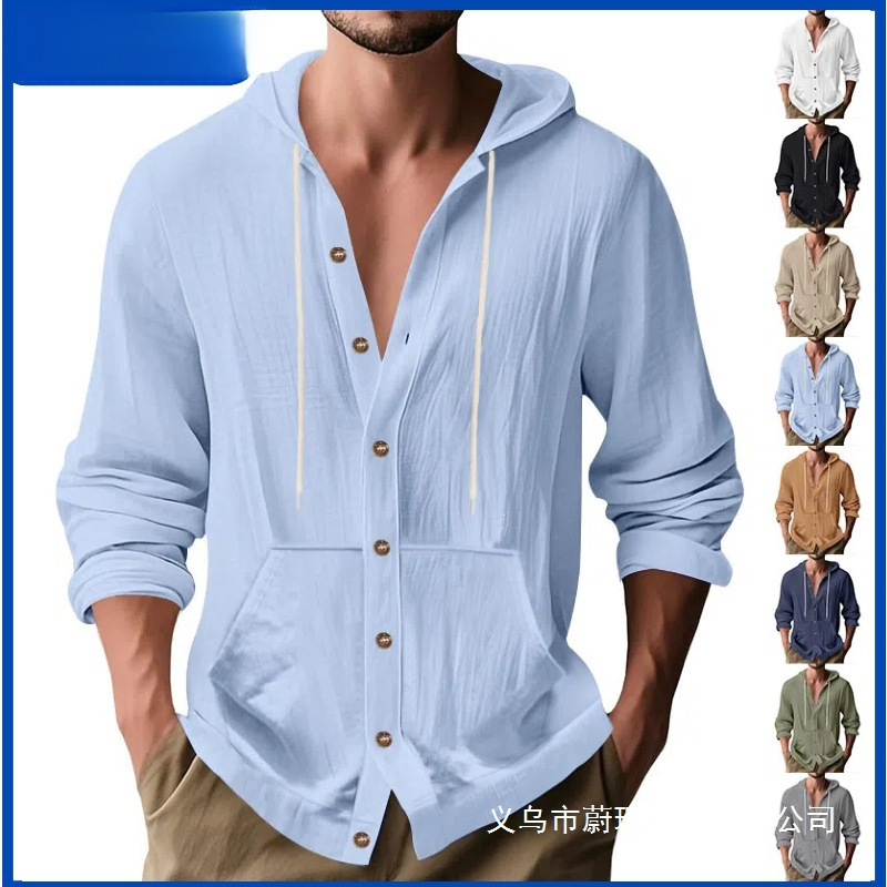 Amazon Cross-Border Hot-Selling Season Pocket Cotton-Linen Casual Long-Sleeve Hooded Shirt High-Quality Trendy Men's Wholesale Amazon Cross-Border Hot-Selling Season Pocket Cotton-Linen Casual Long-Sleeve Hooded Shirt High-Quality Trendy Men's Wholesale