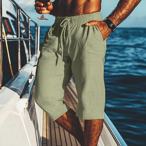 Men's Capri Pants New Linen Summer Beach Shorts With Pockets Drawstring Elastic Waist Solid Color Comfortable And Breathable_viptrois.com