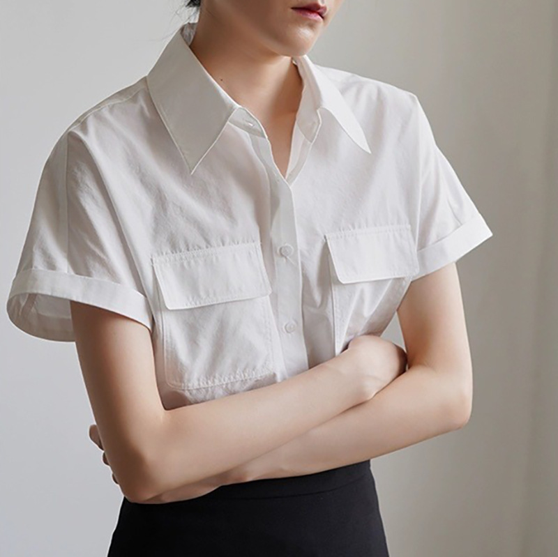 Commuting Formal Occasion Career Interview Double Pocket White Short Sleeve Shirt Female Summer