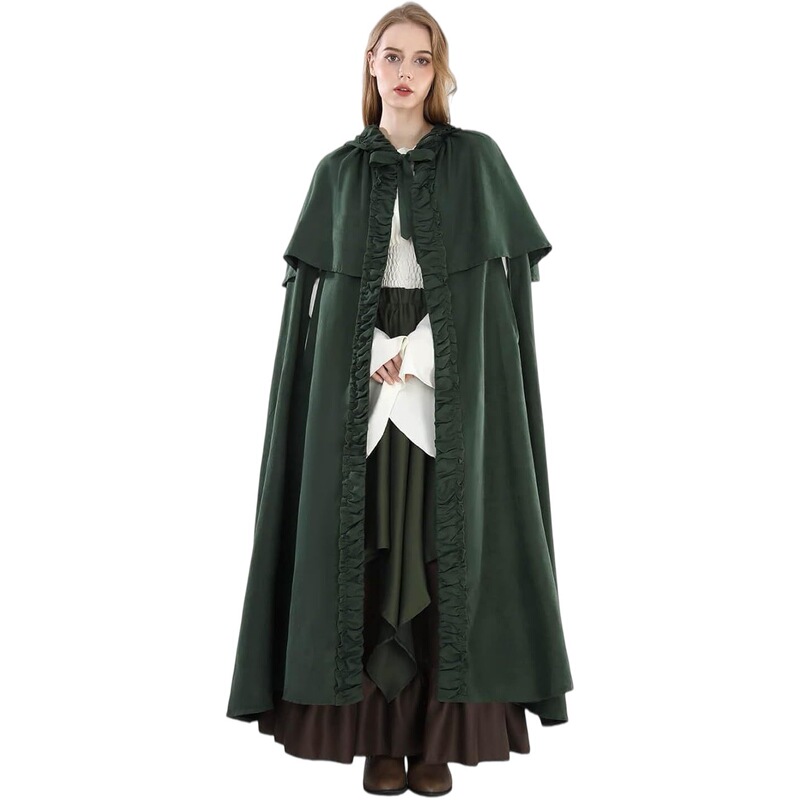 Halloween retro Renaissance-style pleated-hem hooded cape, women's outerwear, gothic-style trendy performance costume Halloween retro Renaissance-style pleated-hem hooded cape, women's outerwear, gothic-style trendy performance costume
