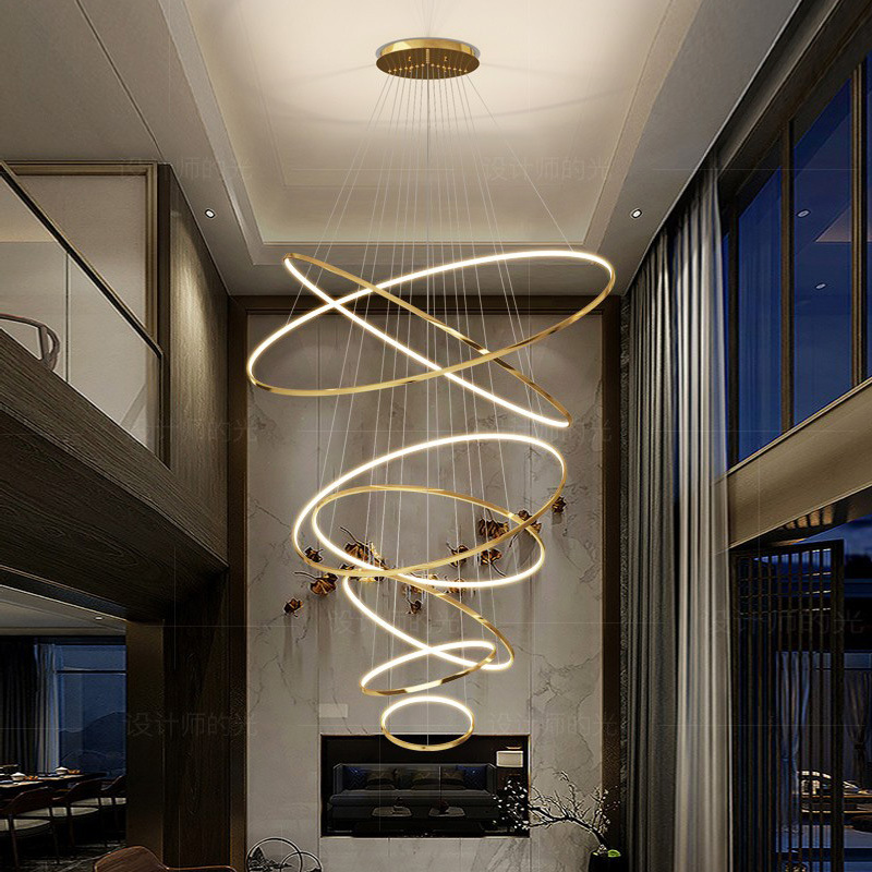 Villa Loft Apartment Living Room Large Chandelier Customized Stainless Steel Accessible Luxury Jump Floor Duplex Stairwell Circular Ring Light