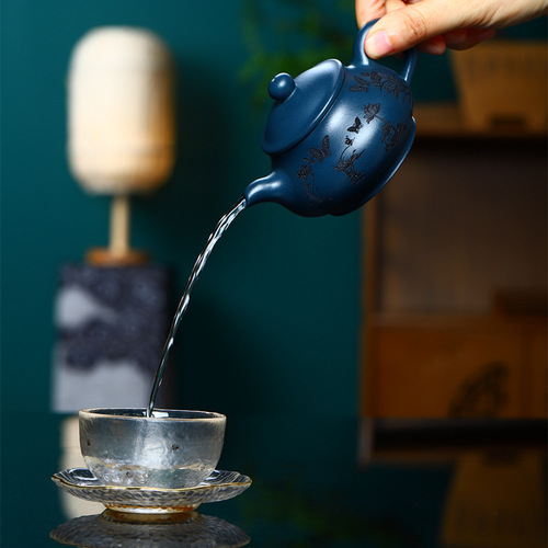 Pan Hu Lotus Pond Moonlight Yixing Zisha Teapot, Handmade Azure Clay Tea Pot for Home Use, Gongfu Tea Set