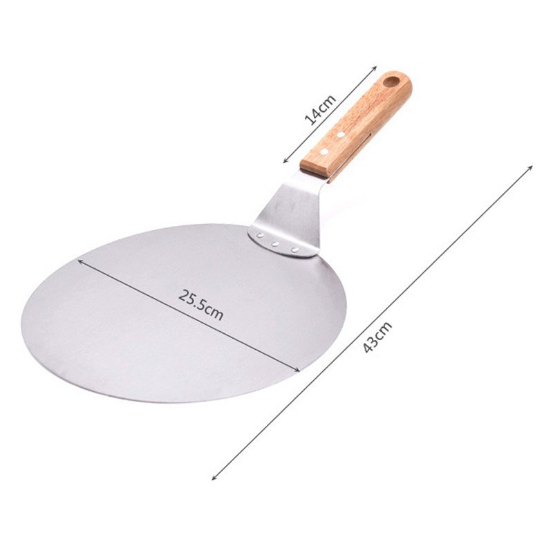 Fábrica directa de 10 pulgadas de acero inoxidable herramientas de cuchilla de pizza mango de madera gran pala redonda transferencia de pastel multifuncional image 6