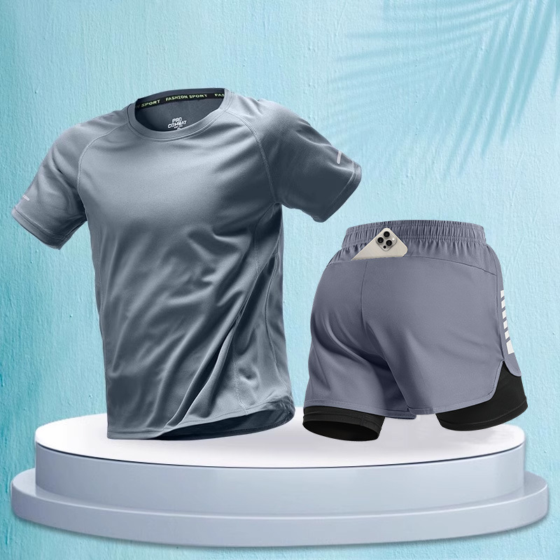 ランニングメンズスポーツスーツマラソンプロ夏半袖ショーツ機器速乾性トレーニングフィットネス服|undefined