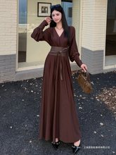 大码胖秋季新款时尚纯色领系带长袖连衣裙女收腰显瘦气质裙子