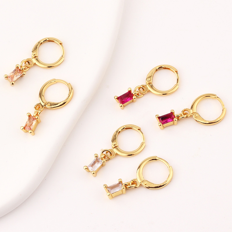 Retro Square Copper Gold Plated Inlay Zircon Drop Earrings 1 Pair