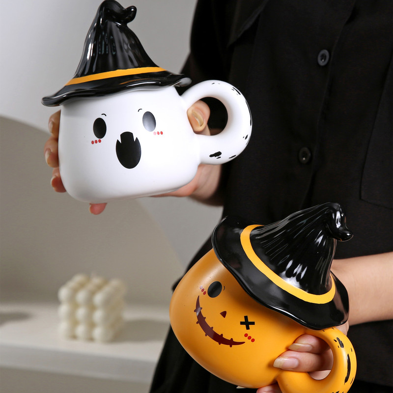 ハロウィーンクリエイティブセラミックカップ造形マグカップ蓋付き幽霊カップコーヒーカップ学生朝食ミルクカップ|undefined