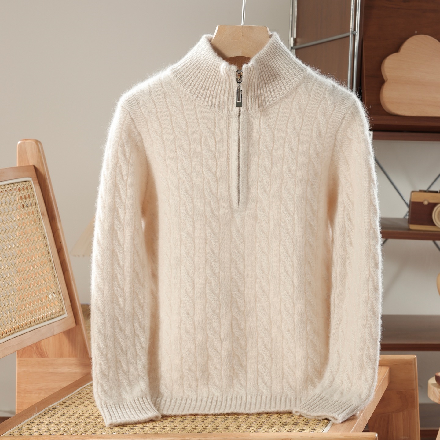 100% pure wool children's half-zip twisted turtleneck sweater, cable knit cardigan, autumn and winter children's clothing, dropshipping available.