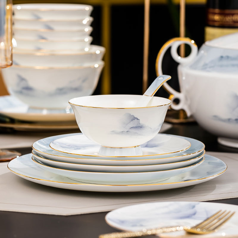 中式簡約高檔國風碗具景德鎮輕奢釉下彩碗碟家用骨瓷餐具酒店會所