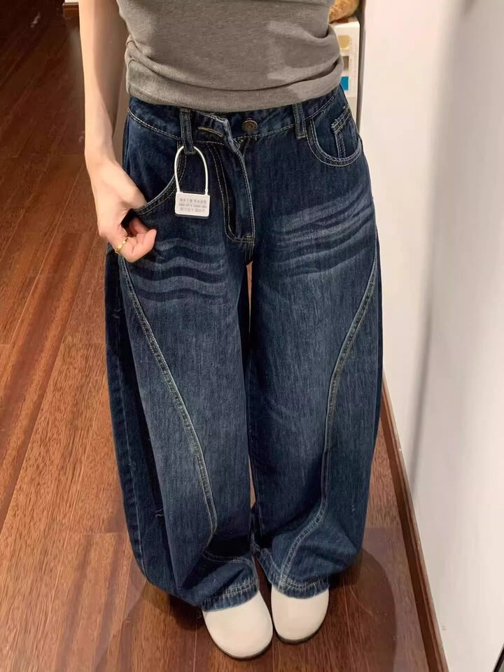 Quần jeans nữ ống cong cạp cao dáng rộng phong cách retro, quần dài có lót lông — Quần đơn màu xanh đậm chi tiết 6