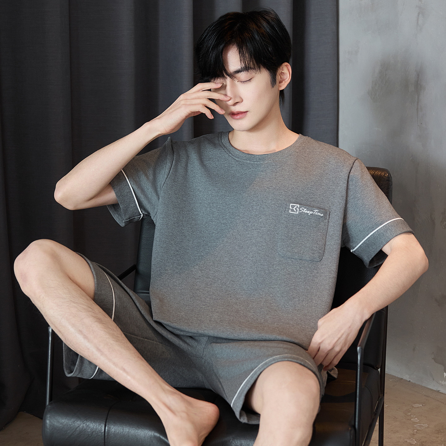 100% 純綿パジャマ男性半袖夏の薄いタイプの青少年カジュアルでゆったりした綿100% の家庭服セット