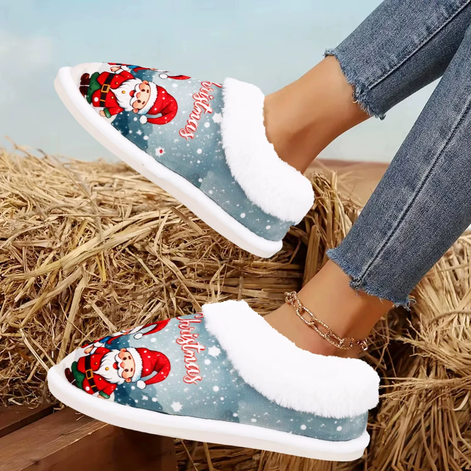Хлопковые тапочки Санта-Клауса по индивидуальному заказу, меховые тапочки, осенние и зимние тапочки, трансграничные осенние и зимние хлопковые тапочки, хлопковые тапочки для домашнего использования.